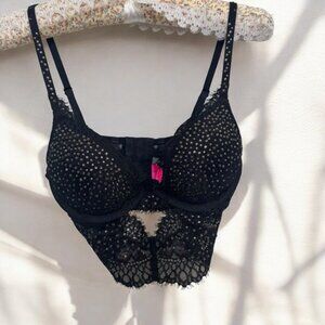 Elegant Bling Diamond Black Lace Bralette Bustier 32C whimsygoth bling y2k